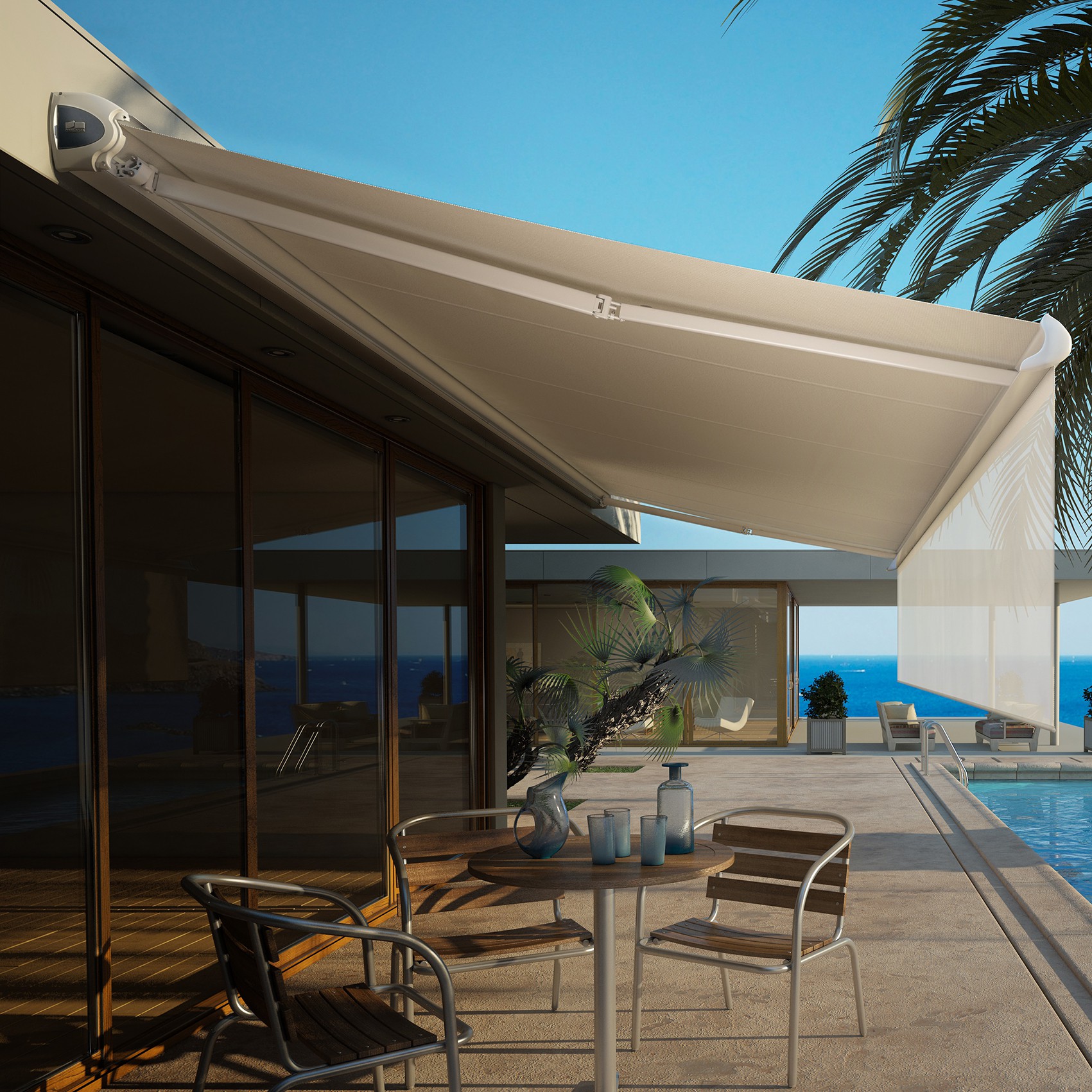 Store banne coffre intégral design sur terrasse