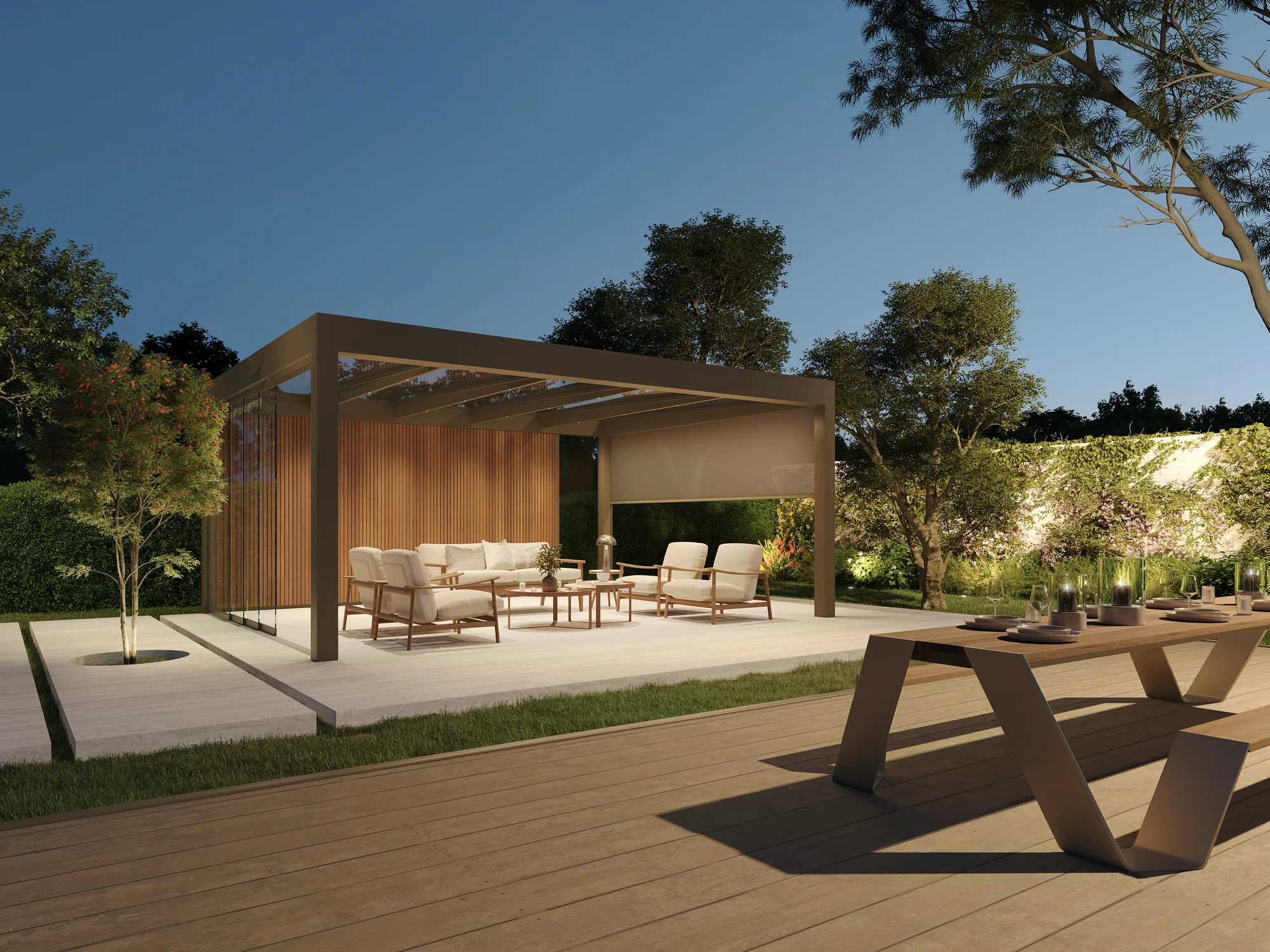 Pergola moderne et jardin soigné