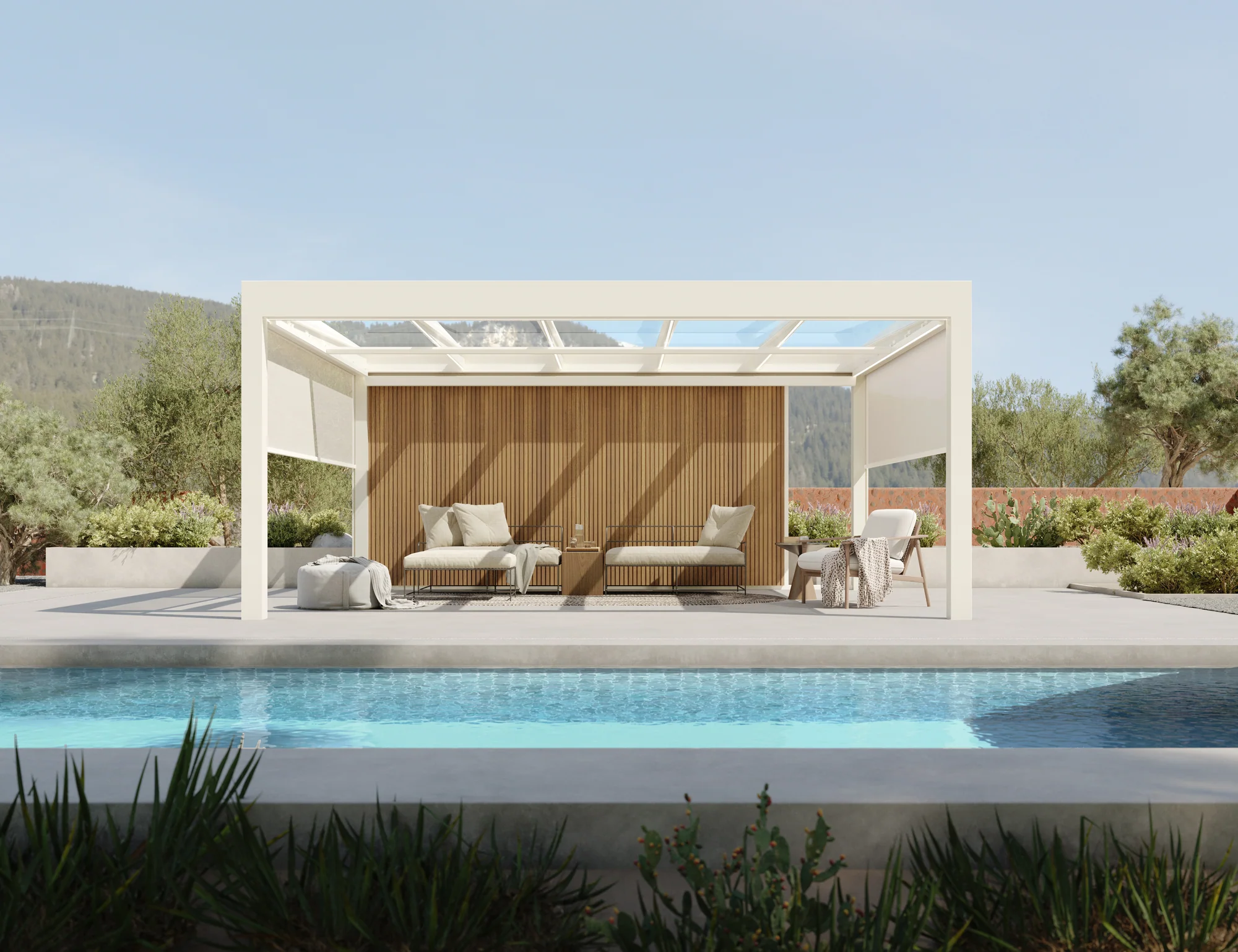 Pergola sur une terrasse avec beaucoup du soleil