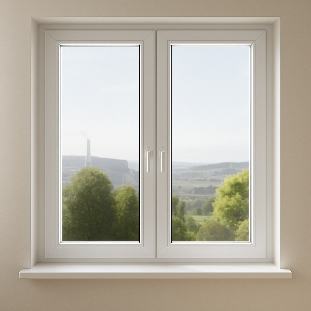 Vue panoramique à travers la fenêtre en pvc blanc